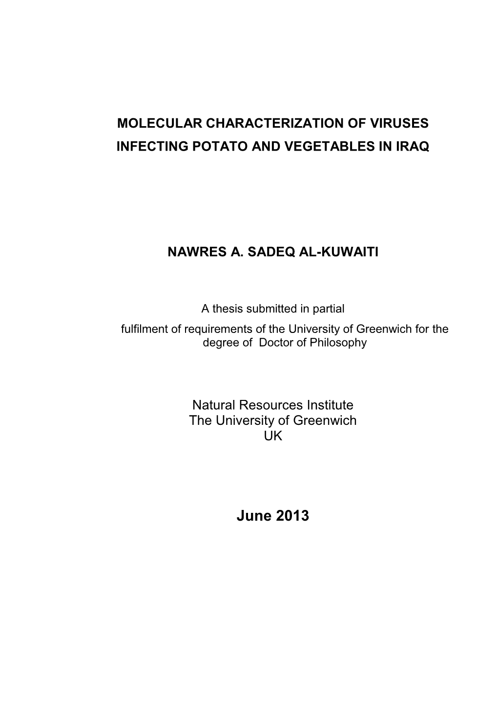 Cular Characterization of Viruses Infecting Potato and Vegetables in Iraq