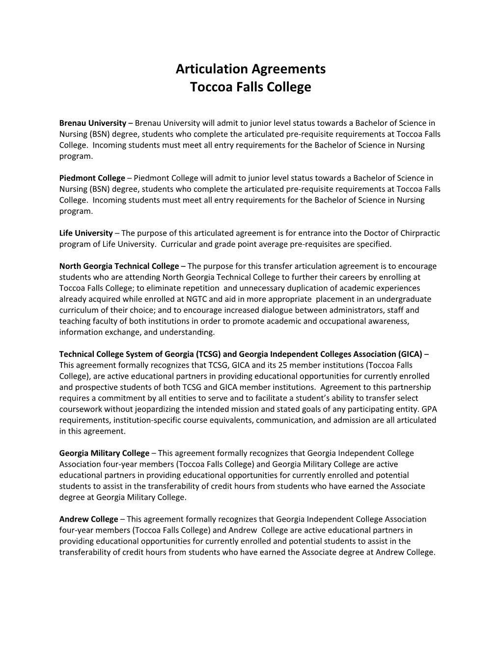 Articulation Agreements Toccoa Falls College