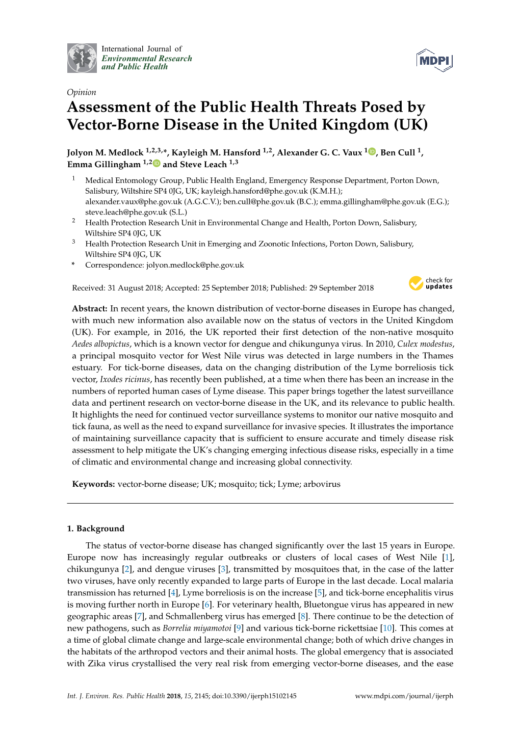 Assessment of the Public Health Threats Posed by Vector-Borne Disease in the United Kingdom (UK)