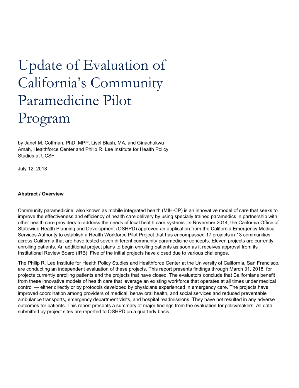 Evaluation of California's Community Paramedicine Pilot Program