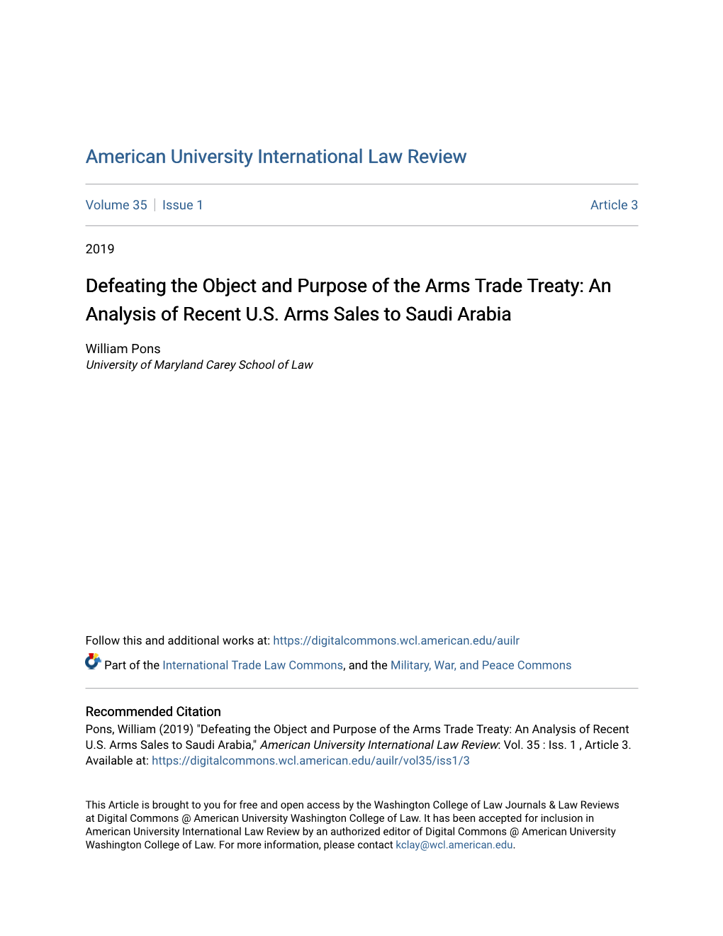 Defeating the Object and Purpose of the Arms Trade Treaty: an Analysis of Recent U.S