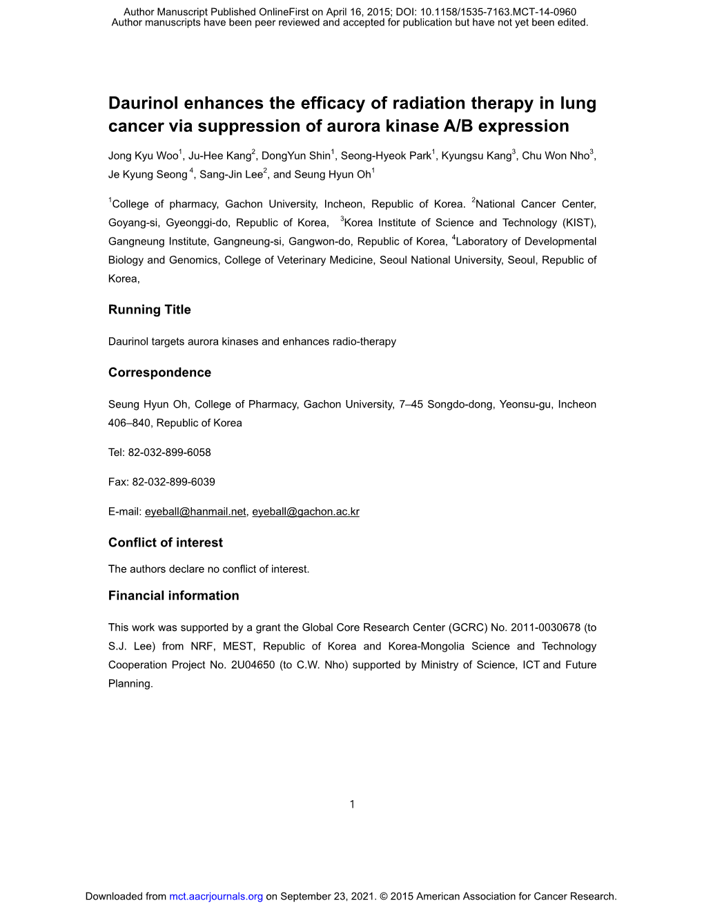 Daurinol Enhances the Efficacy of Radiation Therapy in Lung Cancer Via Suppression of Aurora Kinase A/B Expression