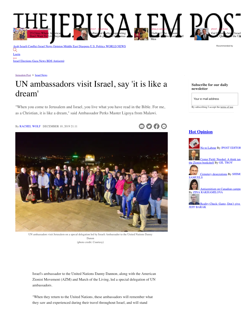 UN Ambassadors Visit Israel, Say 'It Is Like a Subscribe for Our Daily Newsletter