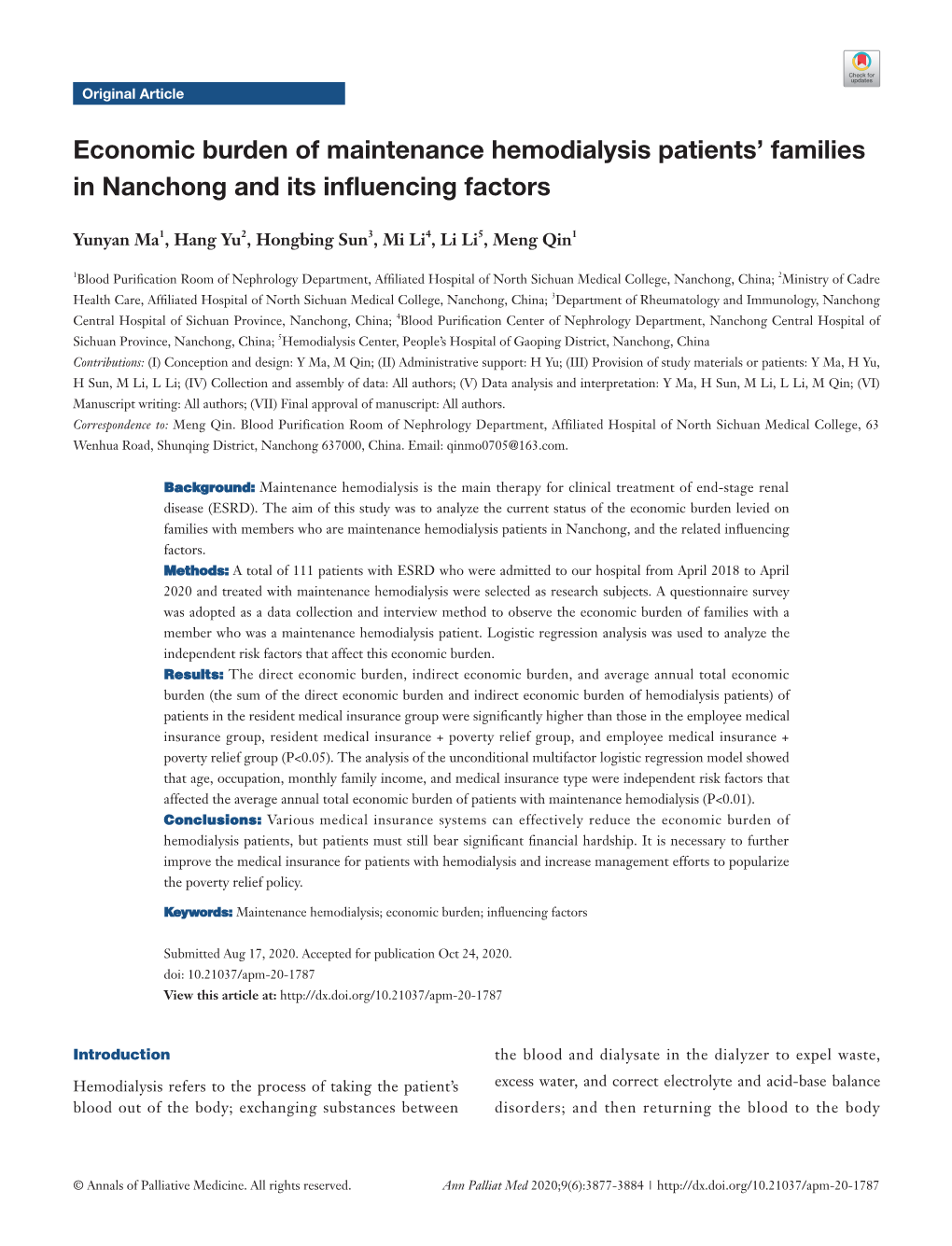 Economic Burden of Maintenance Hemodialysis Patients' Families In