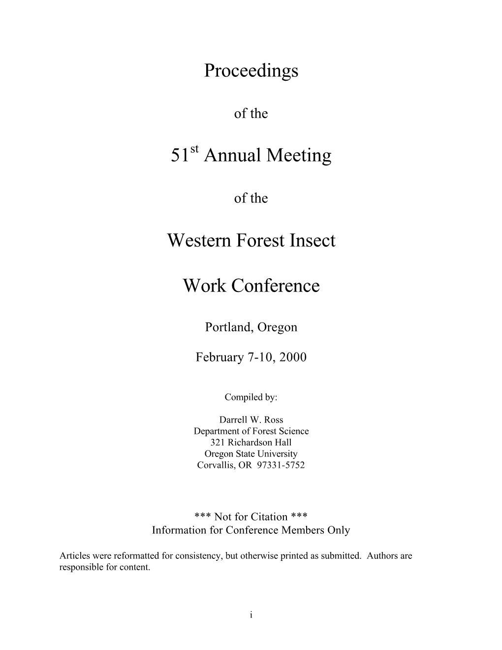 Proceedings 51 Annual Meeting Western Forest Insect Work