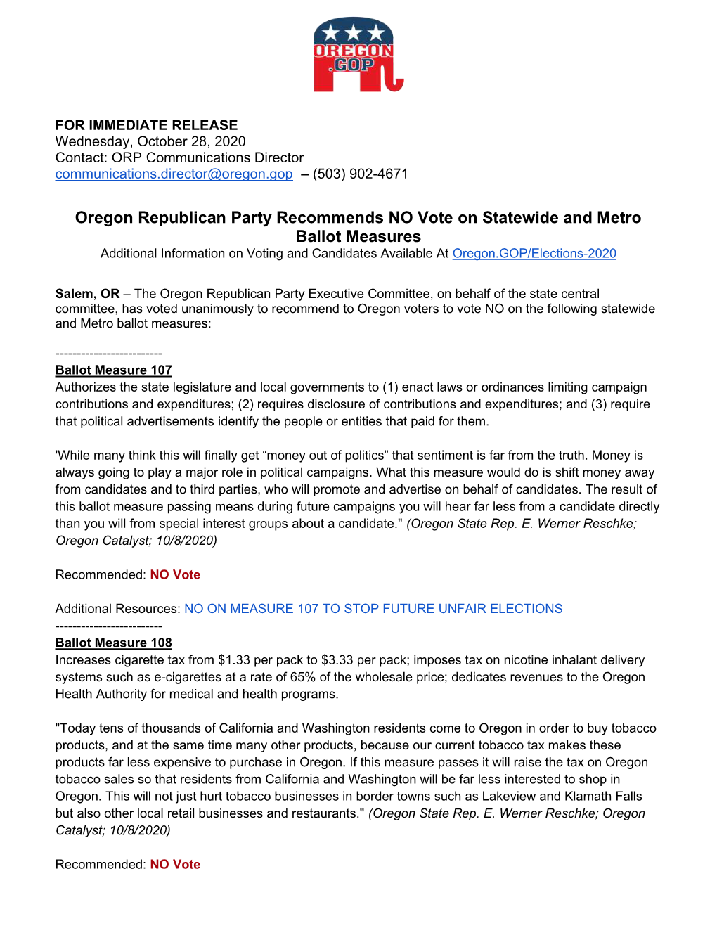 Oregon Republican Party Recommends NO Vote on Statewide and Metro Ballot Measures