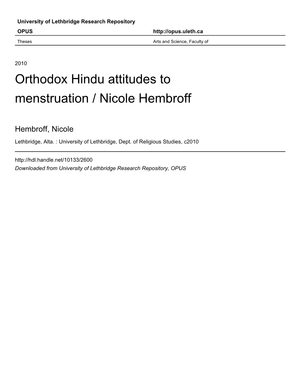 Orthodox Hindu Attitudes to Menstruation / Nicole Hembroff