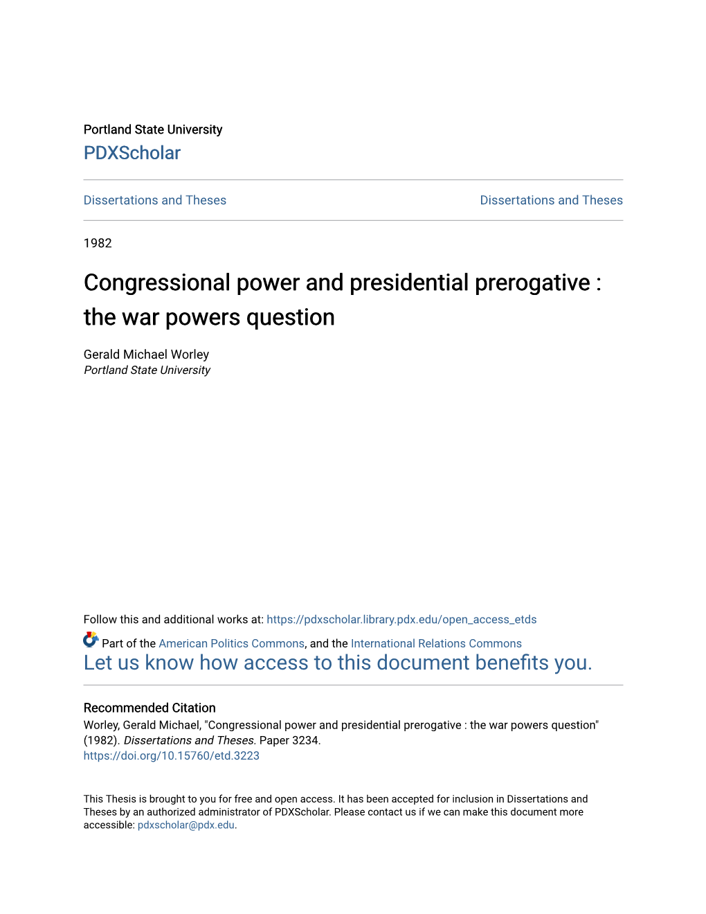 Congressional Power and Presidential Prerogative : the War Powers Question