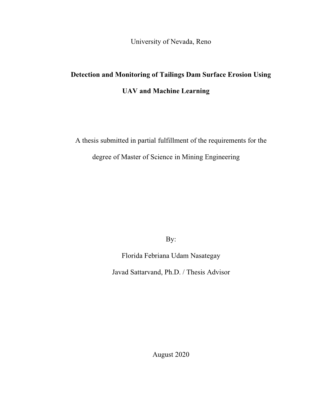 University of Nevada, Reno Detection and Monitoring of Tailings Dam