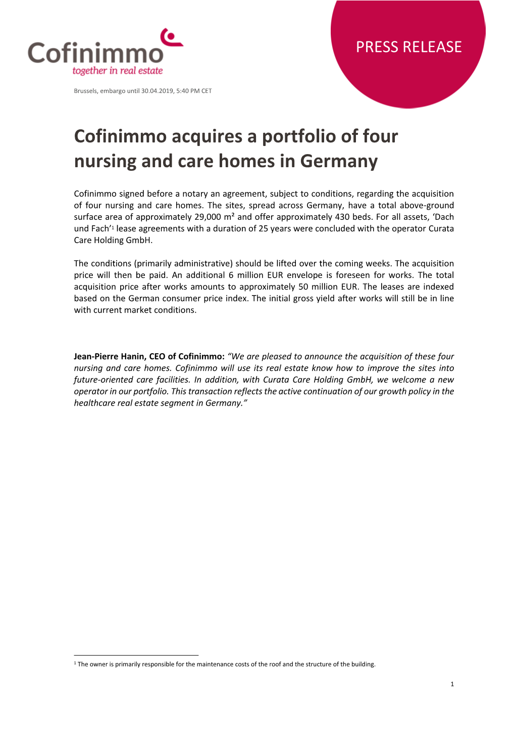 Cofinimmo Acquires a Portfolio of Four Nursing and Care Homes in Germany