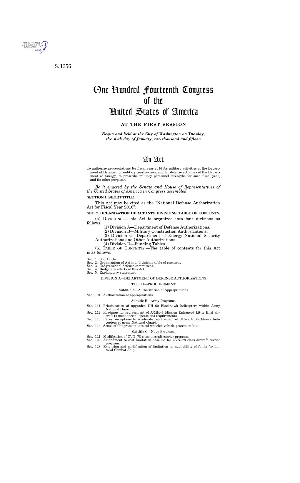 One Hundred Fourteenth Congress of the United States of America