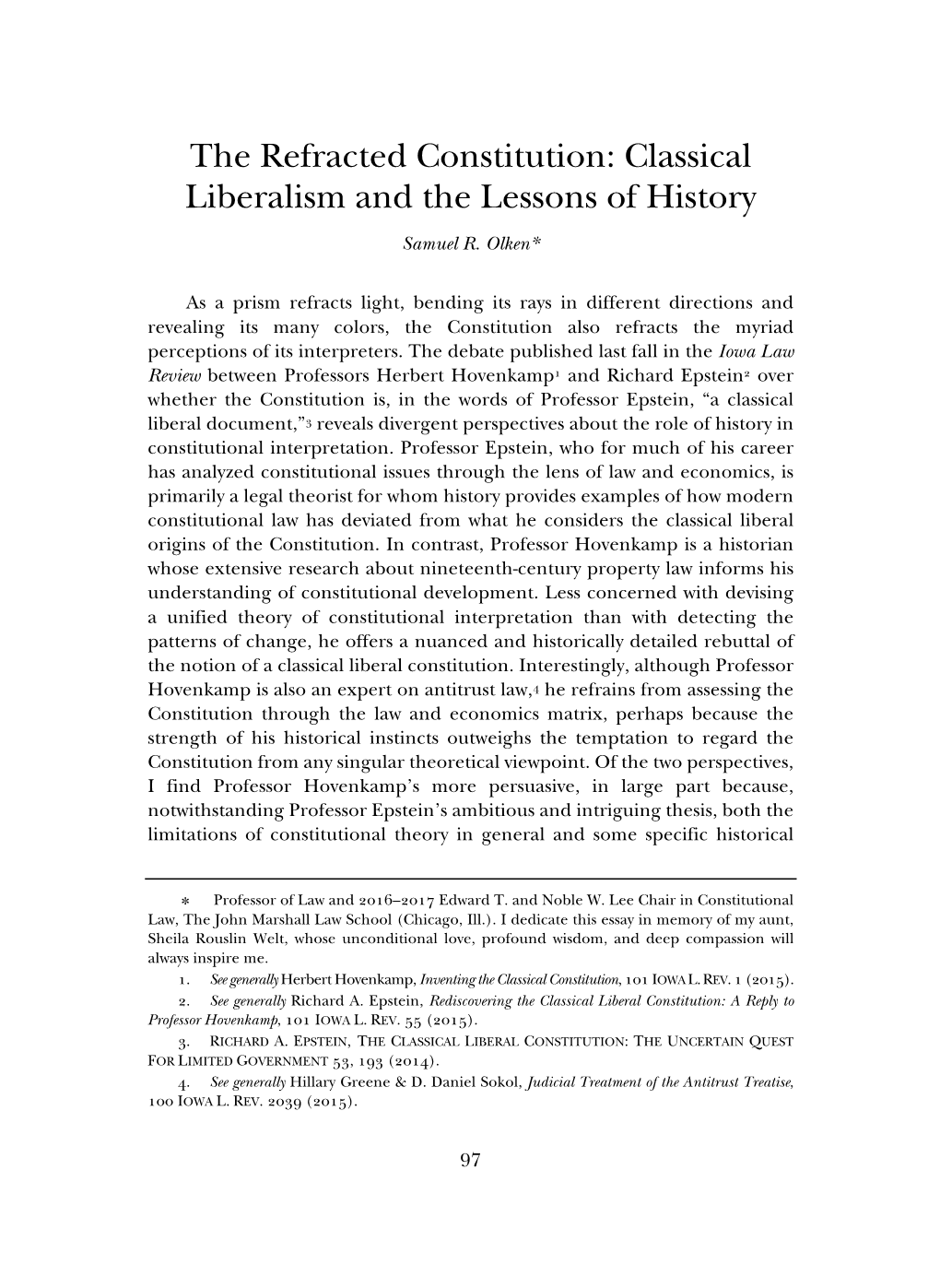 The Refracted Constitution: Classical Liberalism and the Lessons of History Samuel R