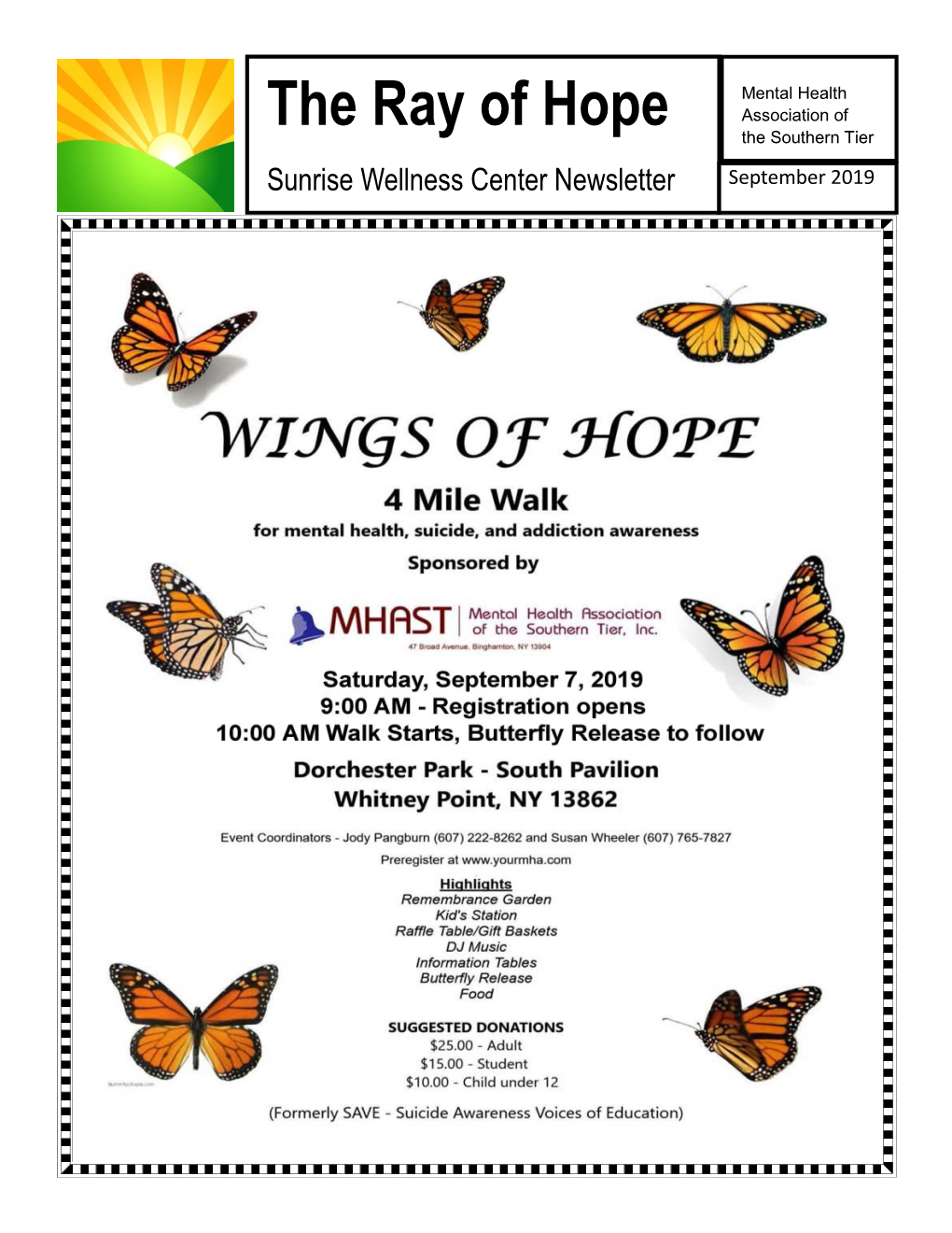 The Ray of Hope Association of the Southern Tier Sunrise Wellness Center Newsletter September 2019