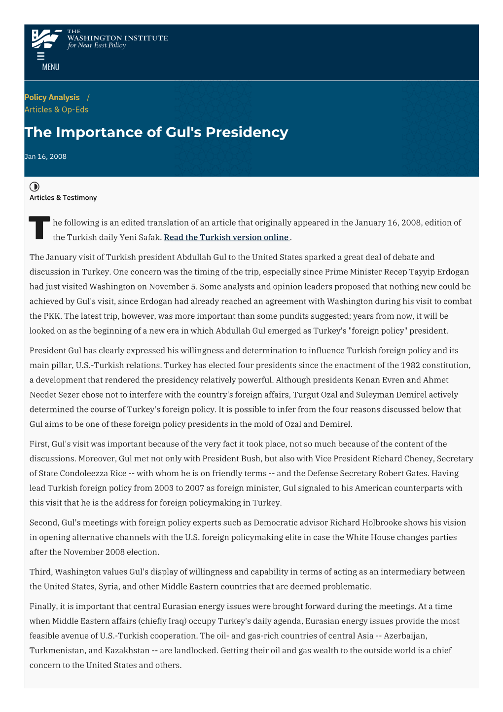 The Importance of Gul's Presidency | the Washington Institute