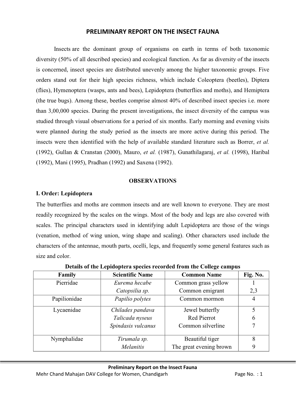 Preliminary Report on the Insect Fauna