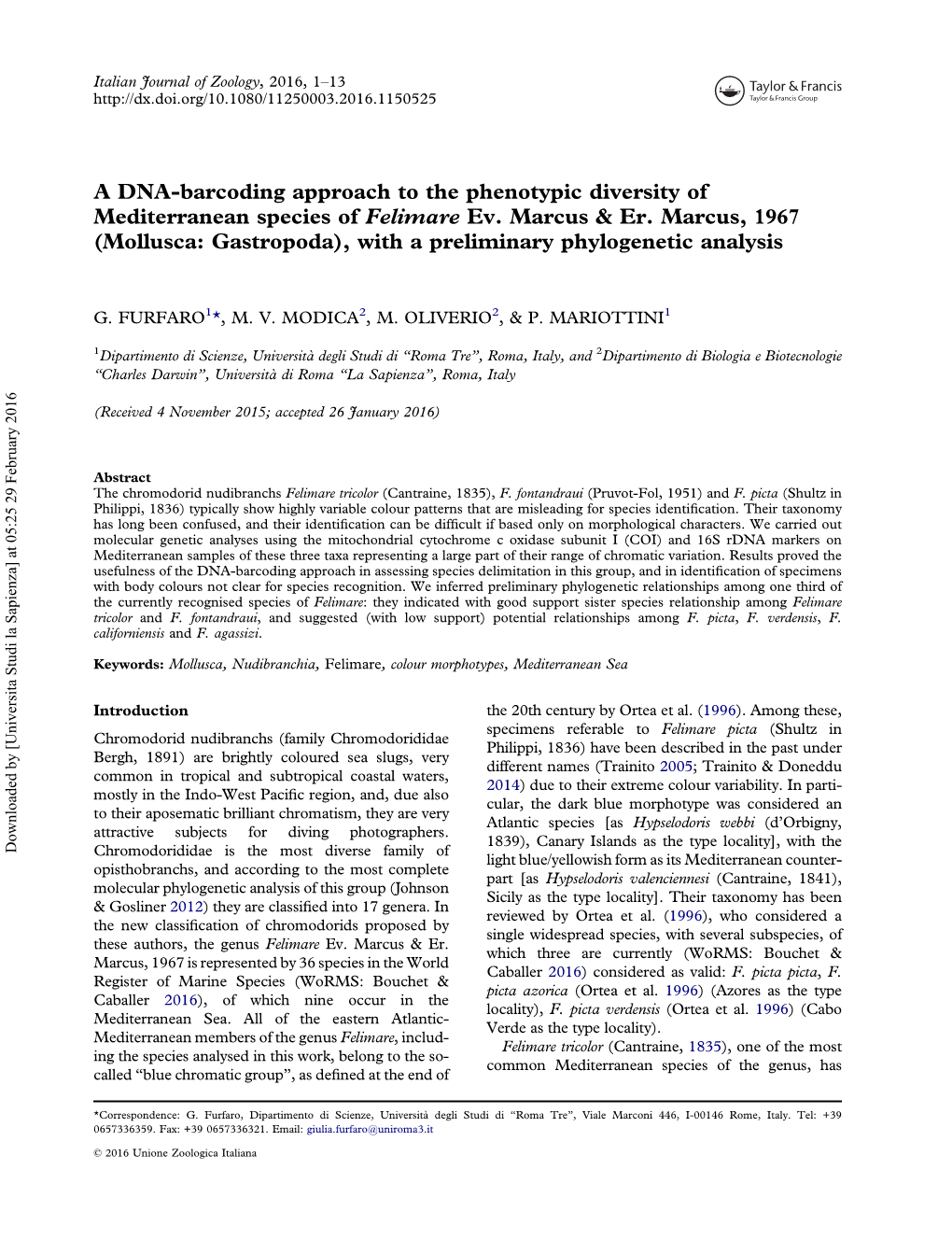 A DNA-Barcoding Approach to the Phenotypic Diversity of Mediterranean Species of Felimare Ev