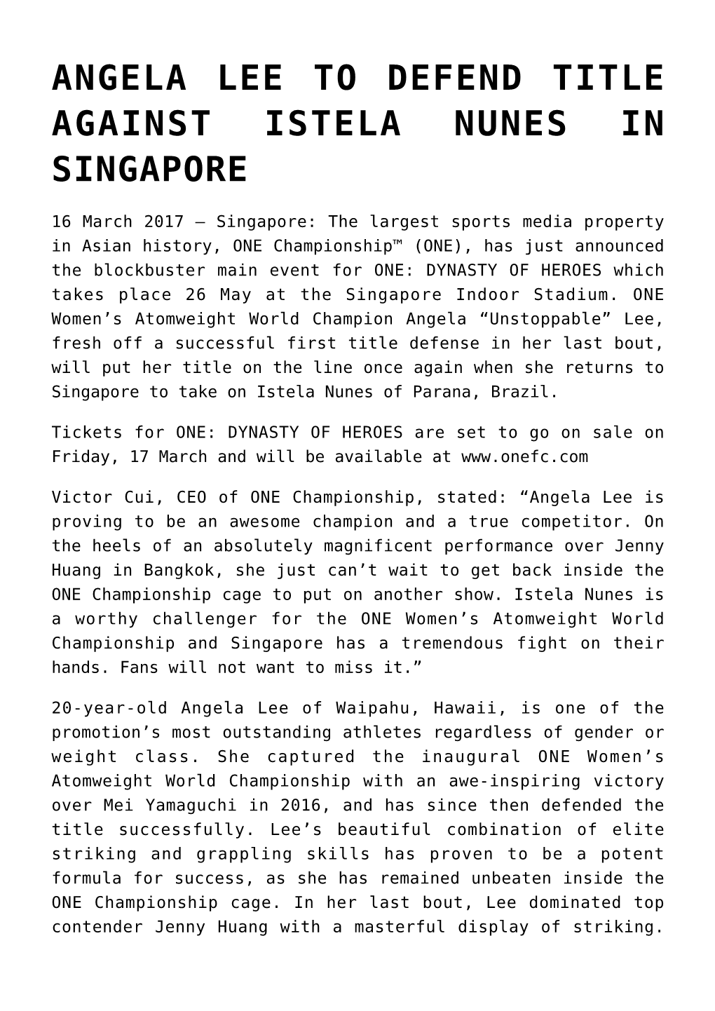 Angela Lee to Defend Title Against Istela Nunes in Singapore