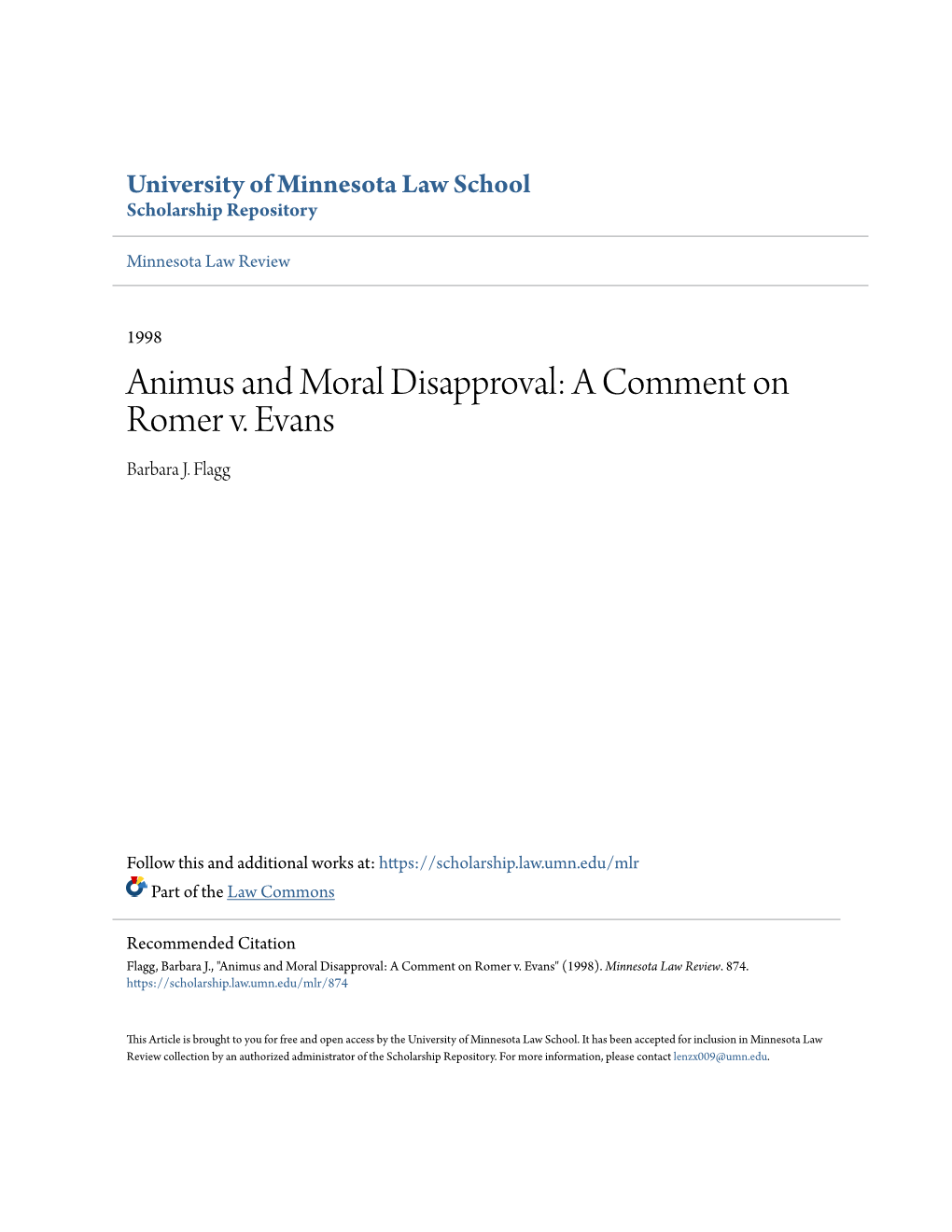 Animus and Moral Disapproval: a Comment on Romer V. Evans Barbara J