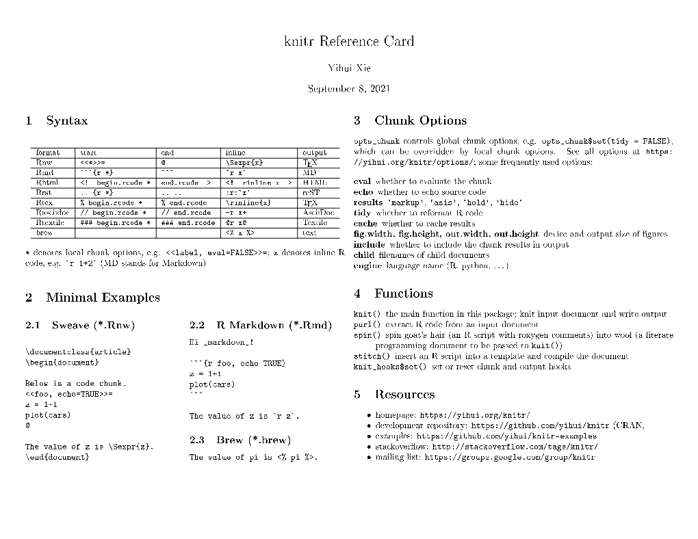 Knitr Reference Card