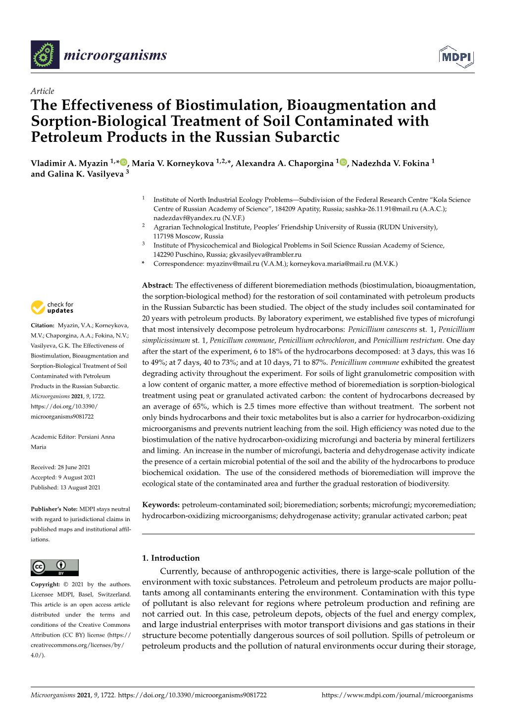 The Effectiveness of Biostimulation, Bioaugmentation and Sorption-Biological Treatment of Soil Contaminated with Petroleum Products in the Russian Subarctic