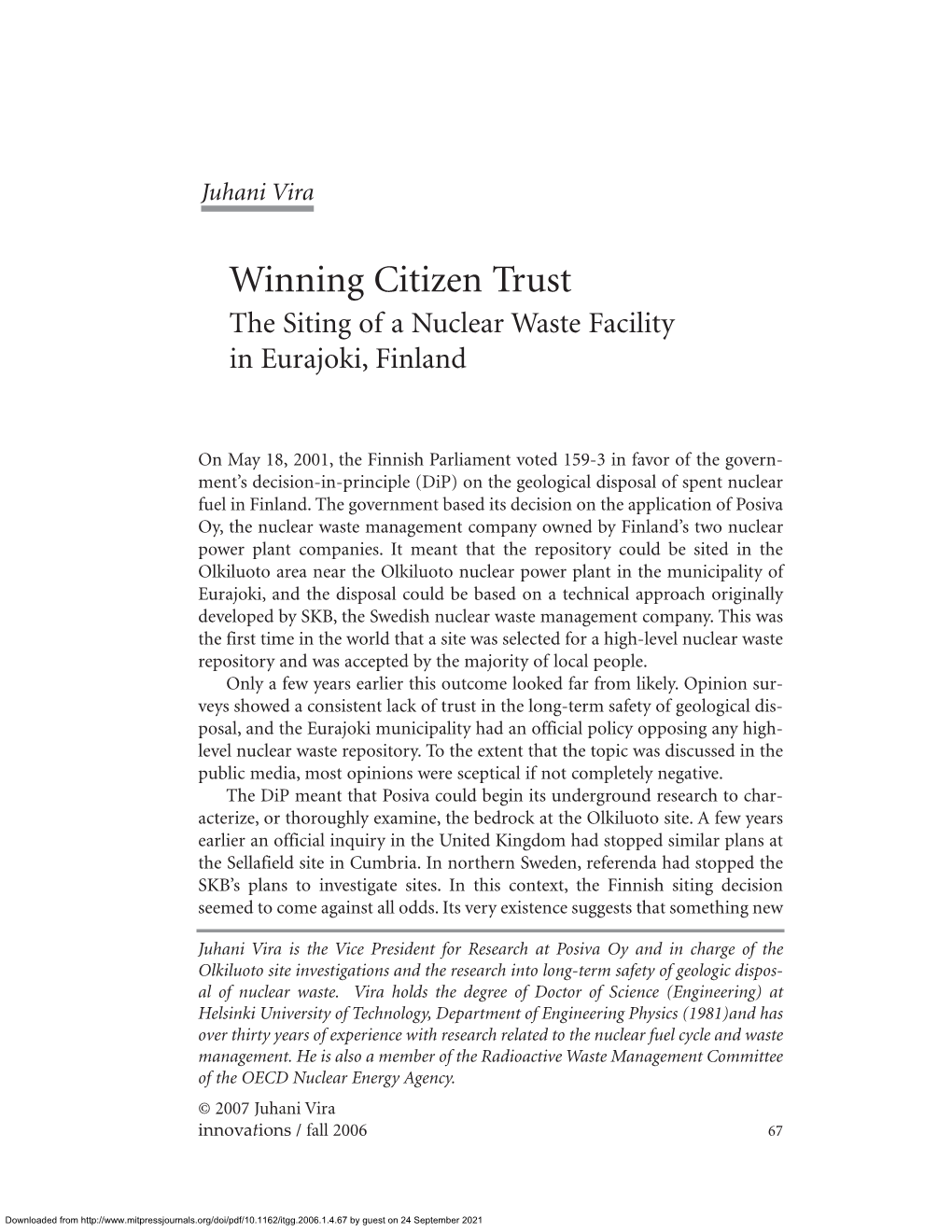 Winning Citizen Trust the Siting of a Nuclear Waste Facility in Eurajoki, Finland