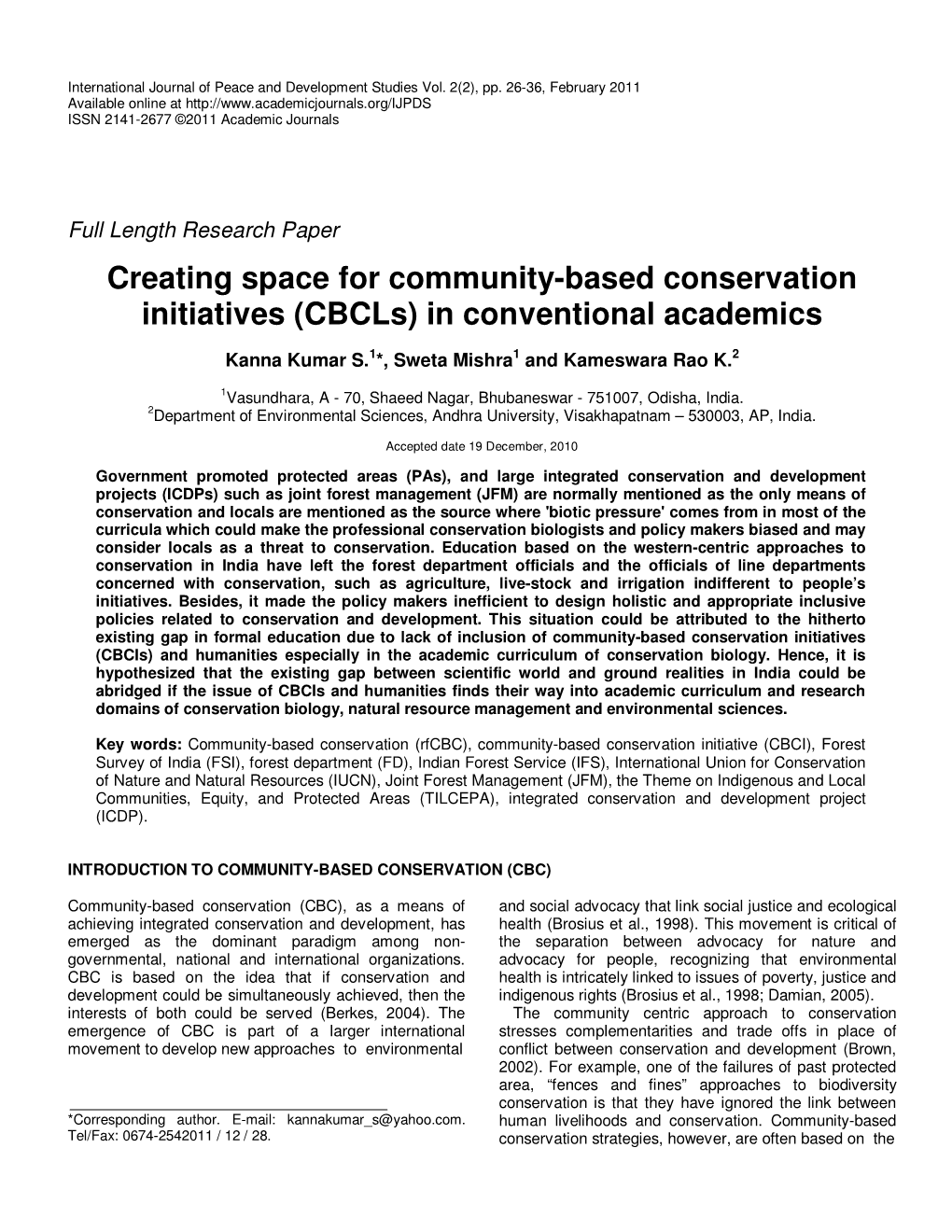 Creating Space for Community-Based Conservation Initiatives (Cbcls) in Conventional Academics