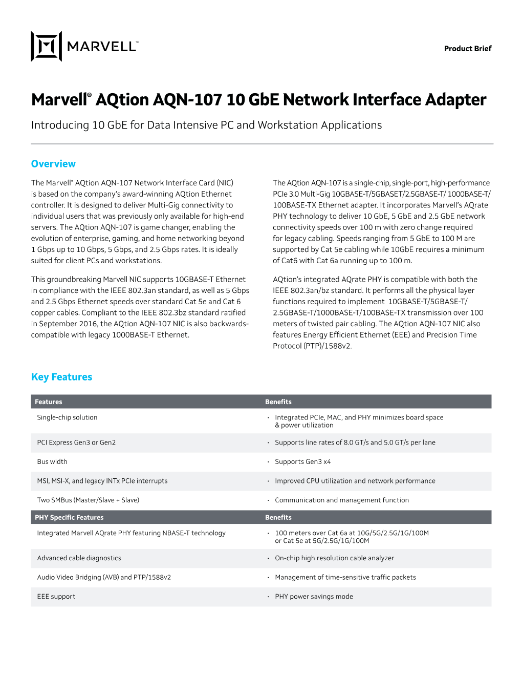 Marvell Aqtion AQN-107 10 Gbe Network Interface Adapter