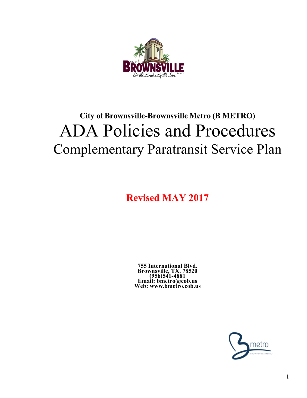 ADA Policies and Procedures Complementary Paratransit Service Plan