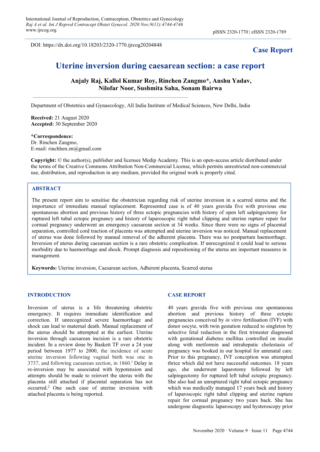 Uterine Inversion During Caesarean Section: a Case Report