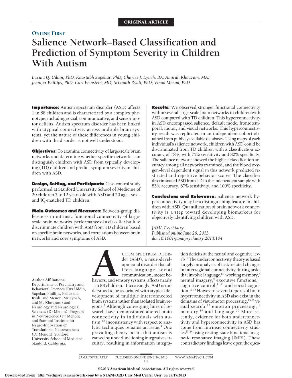 Salience Network–Based Classification and Prediction of Symptom Severity in Children with Autism