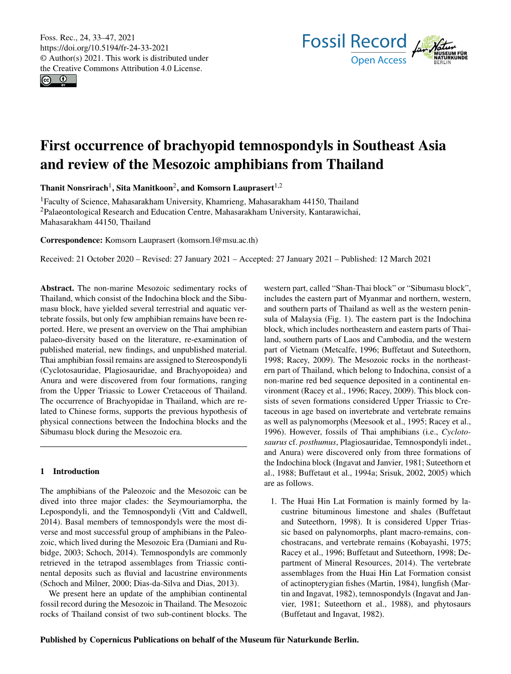 First Occurrence of Brachyopid Temnospondyls in Southeast Asia and Review of the Mesozoic Amphibians from Thailand