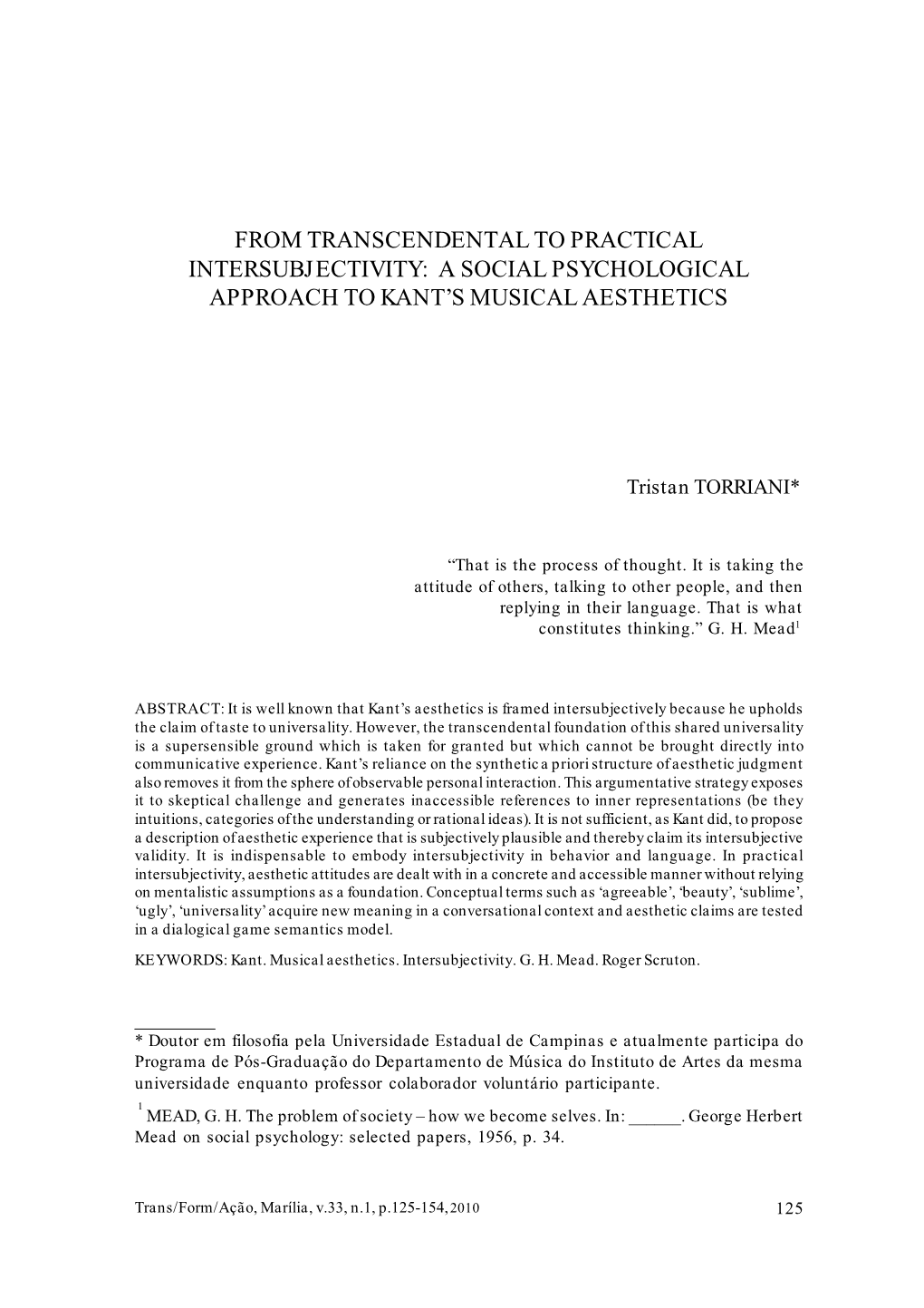 From Transcendental to Practical Intersubjectivity: a Social Psychological Approach to Kant’S Musical Aesthetics