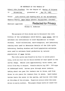 LIFE HISTORY and FEEDING ROLE of the XYLOPHAGOUS AQUATIC BEETLE, Lara Avara Leconte (DRYOPOIDEA: ELMIDAE)