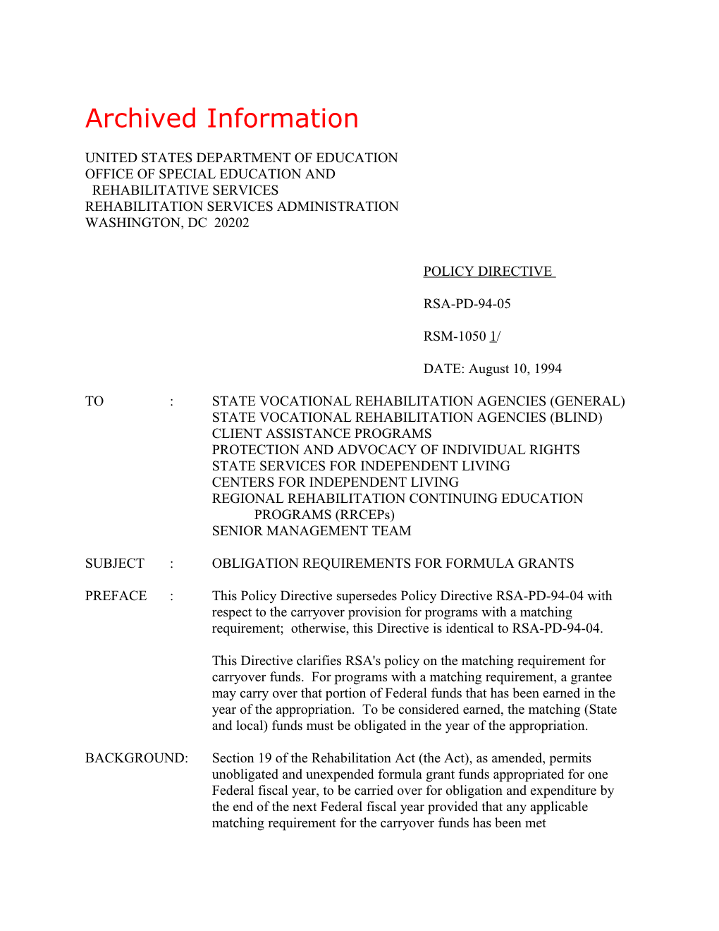 Archived: Policy Directive RSA-PD-94-05 8/10/94