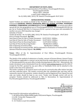 DEPARTMENT of POSTS, INDIA Office of the Sr.Superintendent of Post Offices, Tiruchirappalli Division, Tiruchirappalli-620 001 P