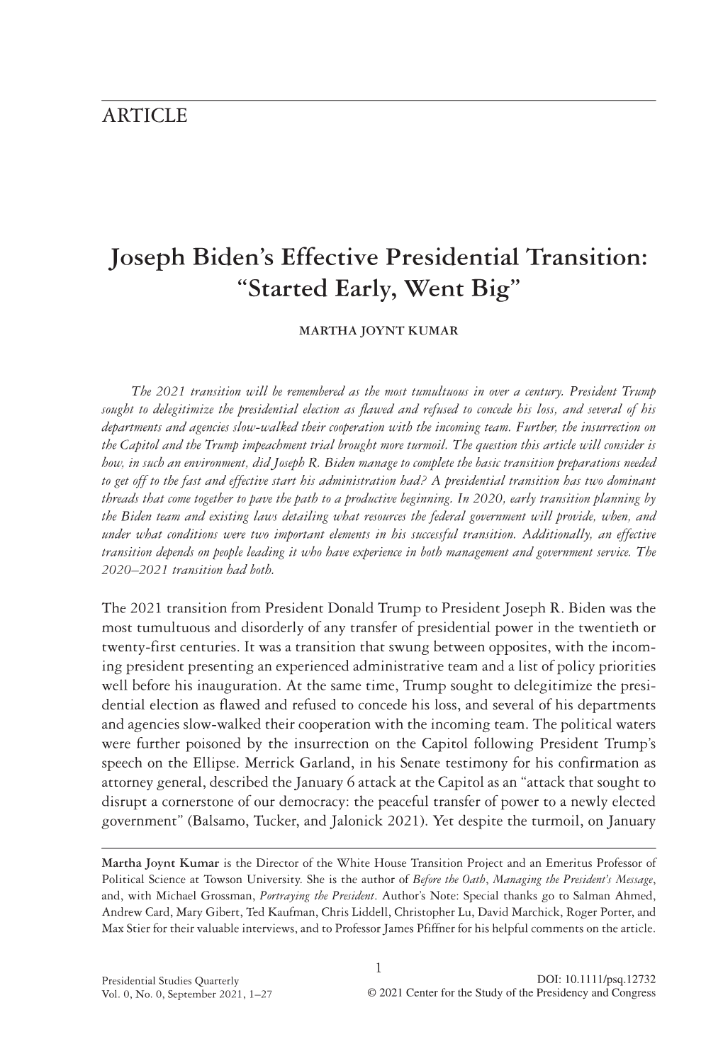 Joseph Biden's Effective Presidential Transition