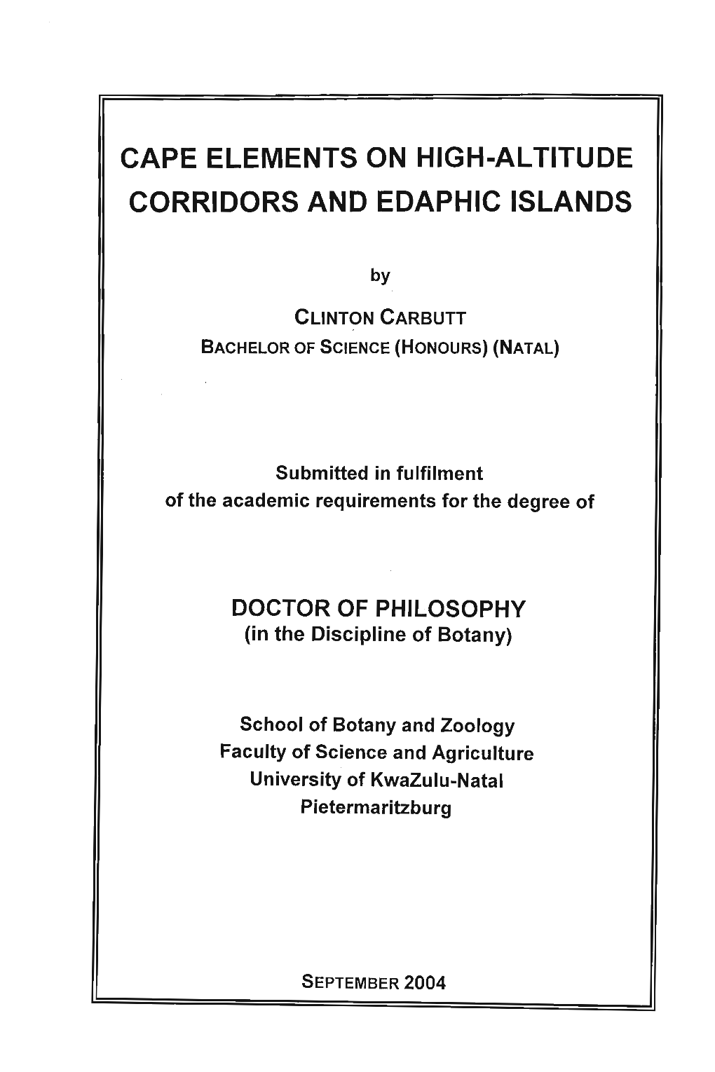 Cape Elements on High-Altitude Corridors and Edaphic Islands