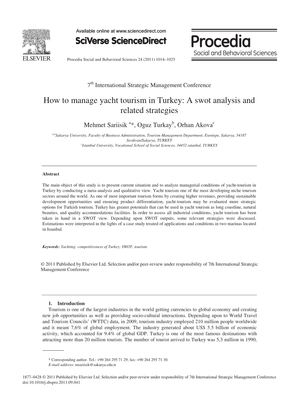 How to Manage Yacht Tourism in Turkey: a Swot Analysis and Related Strategies