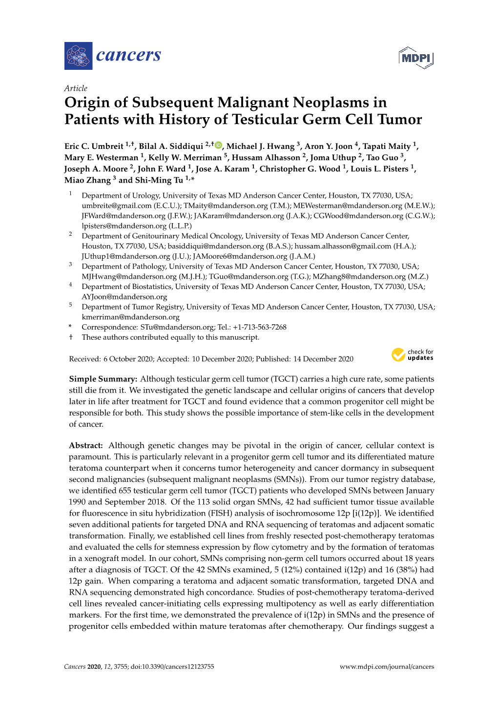 Origin of Subsequent Malignant Neoplasms in Patients with History of Testicular Germ Cell Tumor