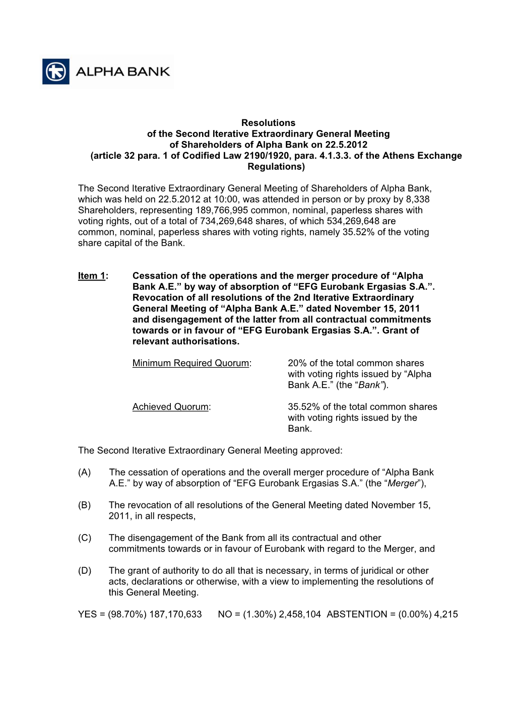 Resolutions of the Second Iterative Extraordinary General Meeting of Shareholders of Alpha Bank on 22.5.2012 (Article 32 Para