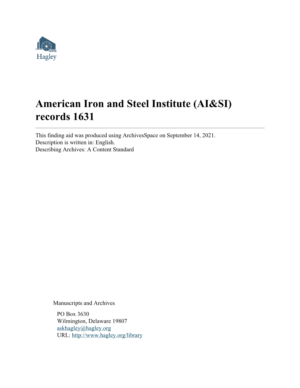 American Iron and Steel Institute (AI&SI) Records 1631