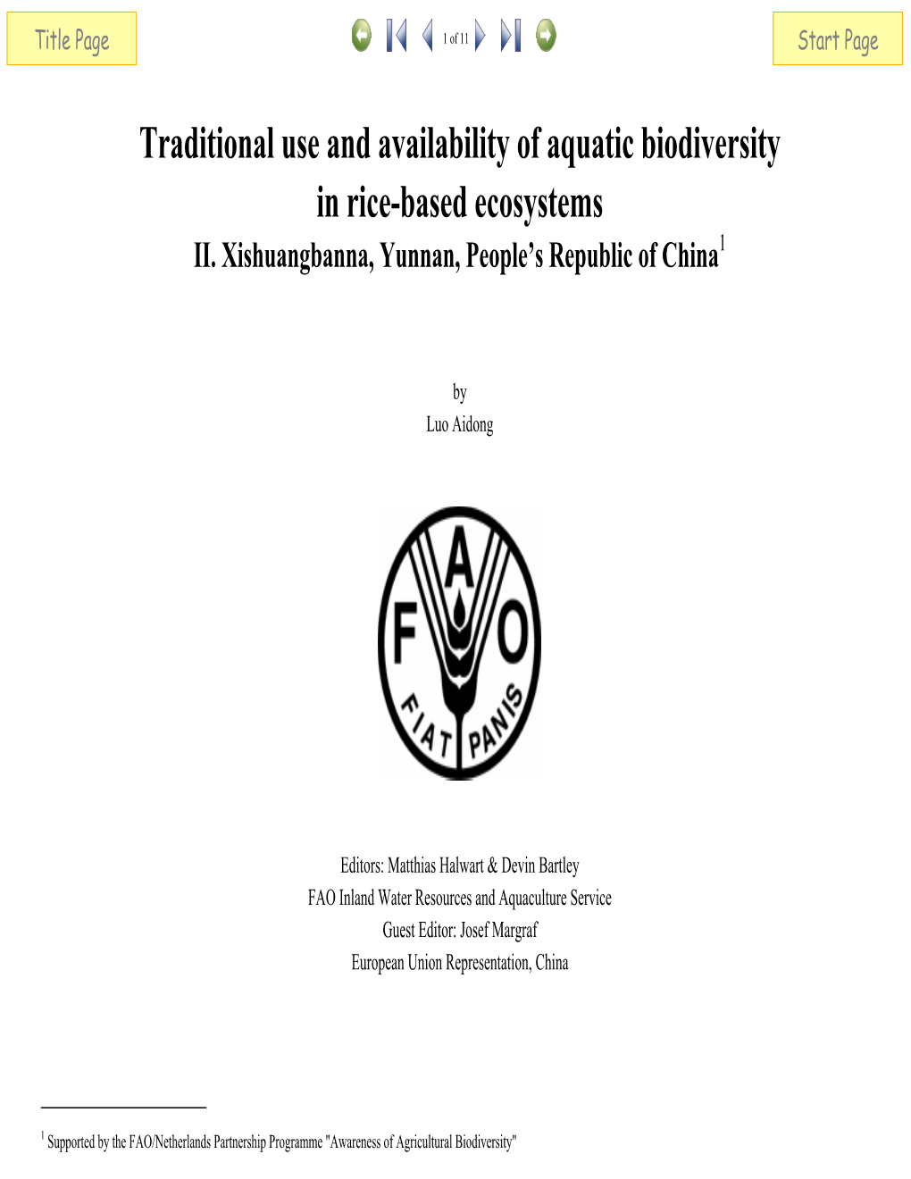 Traditional Use and Availability of Aquatic Biodiversity in Rice-Based Ecosystems of Xishuangbanna, Yunnan, China