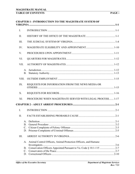 MAGISTRATE MANUAL TABLE of CONTENTS PAGE I