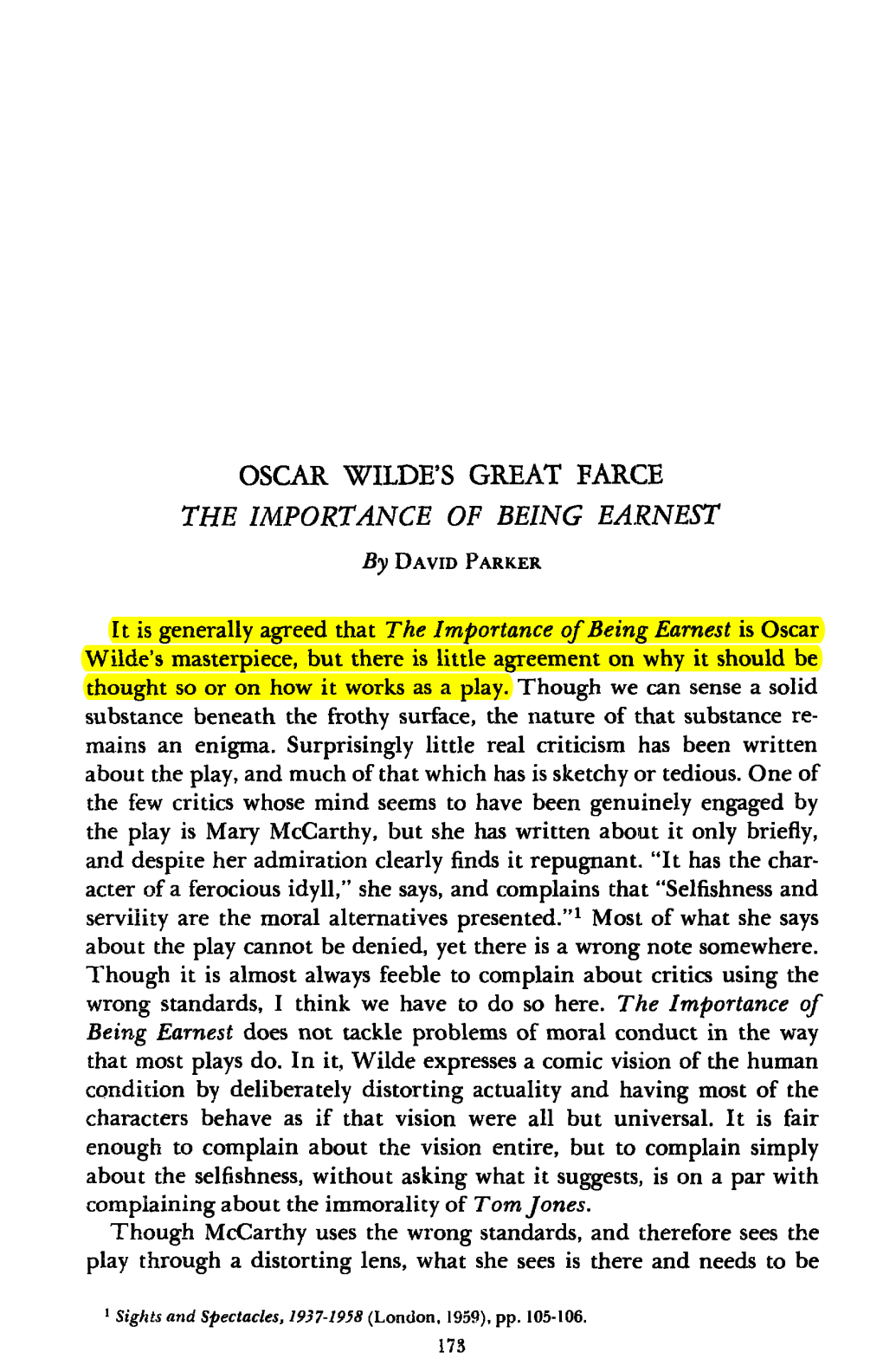 Oscar Wilde's Great Farce the Importance of Being Earnest