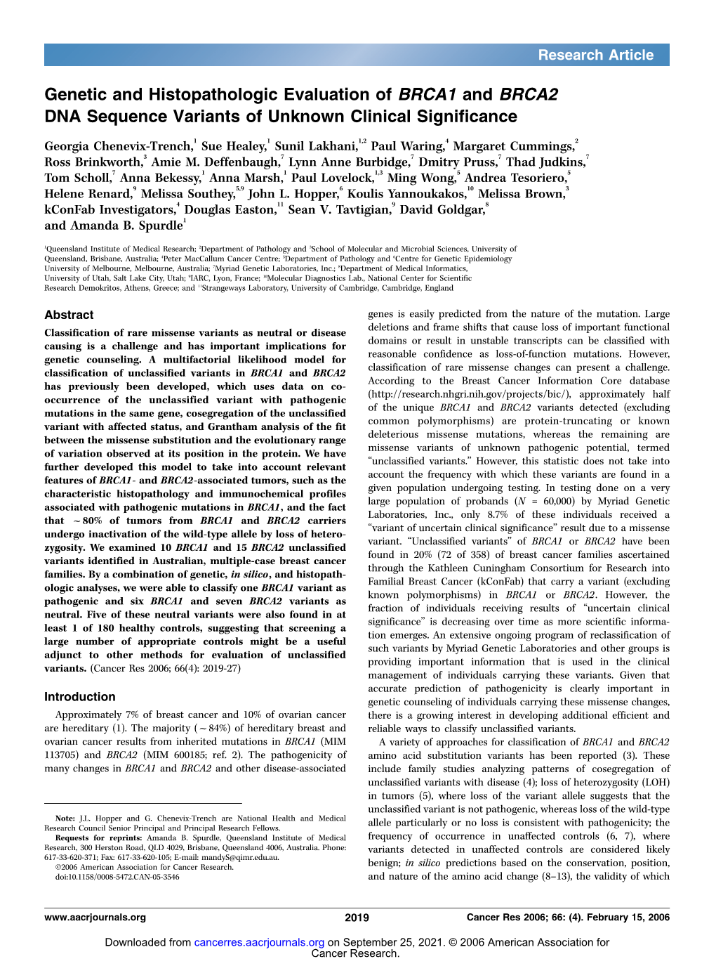 Genetic and Histopathologic Evaluation of BRCA1 and BRCA2 DNA Sequence Variants of Unknown Clinical Significance