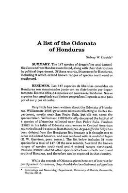 A List of the Odonata of Honduras Sidney W