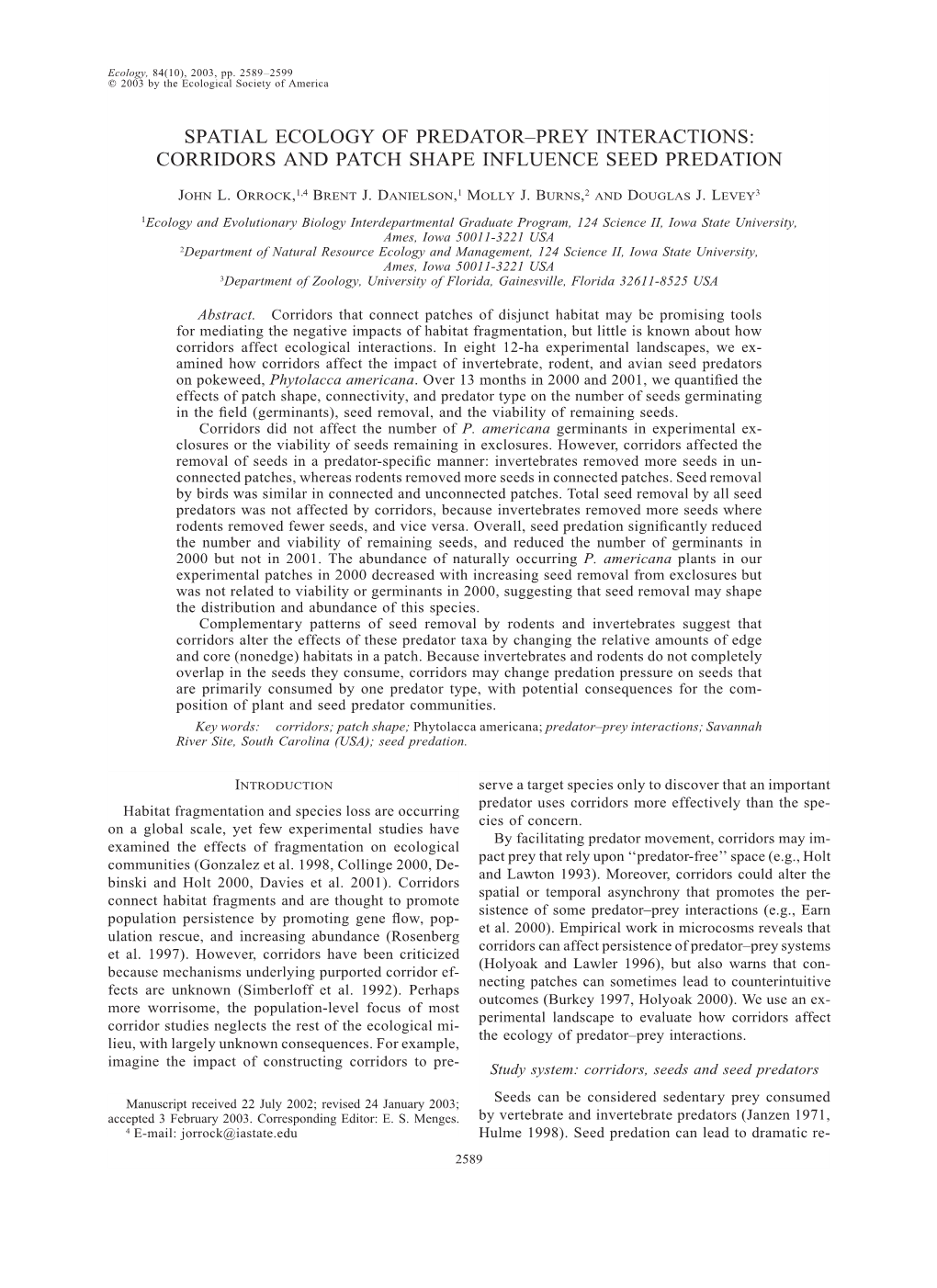 Spatial Ecology of Predator–Prey Interactions