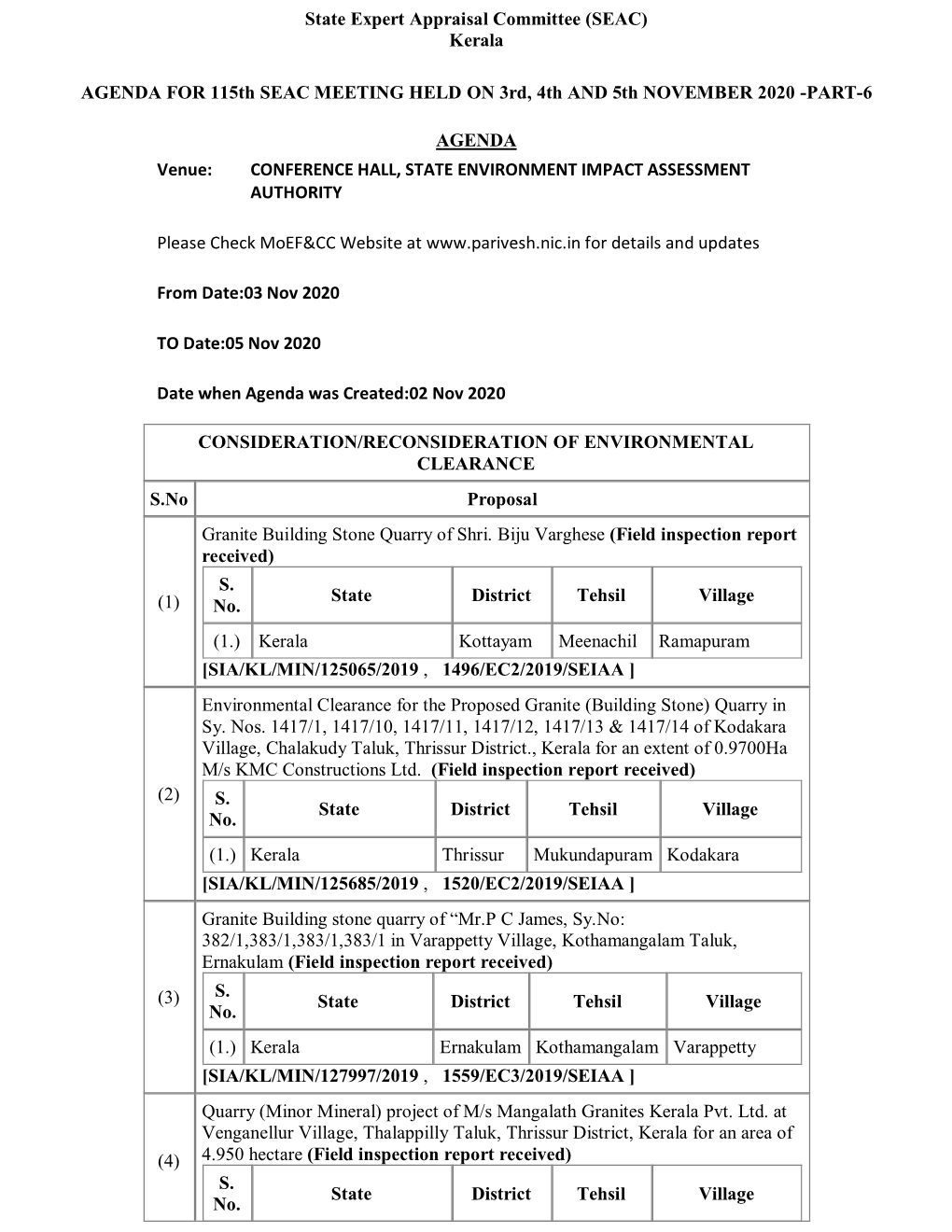 State Expert Appraisal Committee (SEAC) Kerala AGENDA FOR