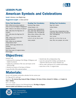 American Symbols and Celebrations Objectives: Materials
