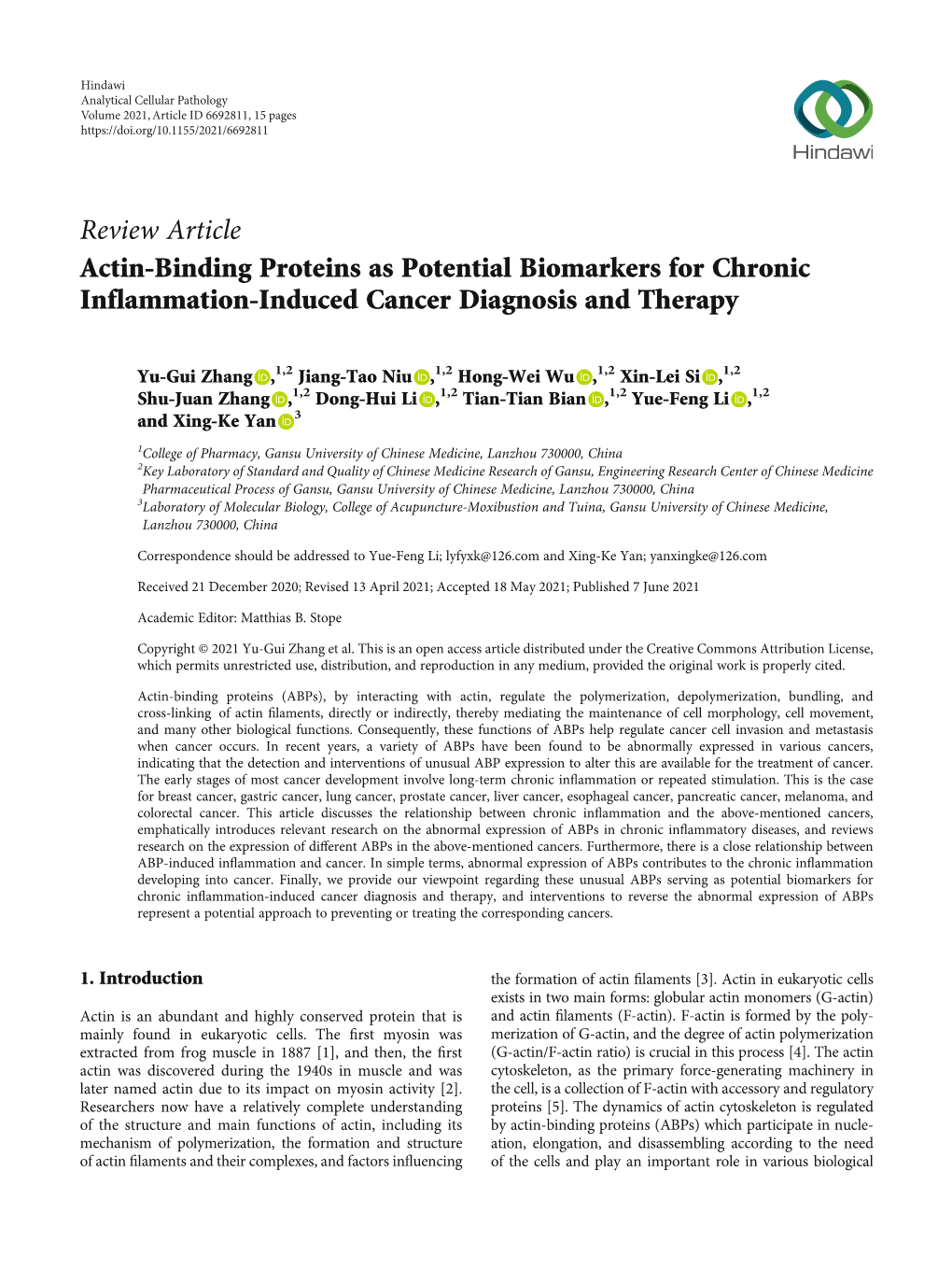 Actin-Binding Proteins As Potential Biomarkers for Chronic Inflammation-Induced Cancer Diagnosis and Therapy